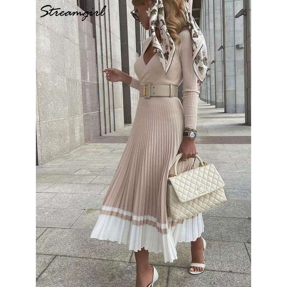 Pleated For 2023 Spring Autumn Sleeve Elegant Ladies Long Dresses V Neck Knitted Winer Women