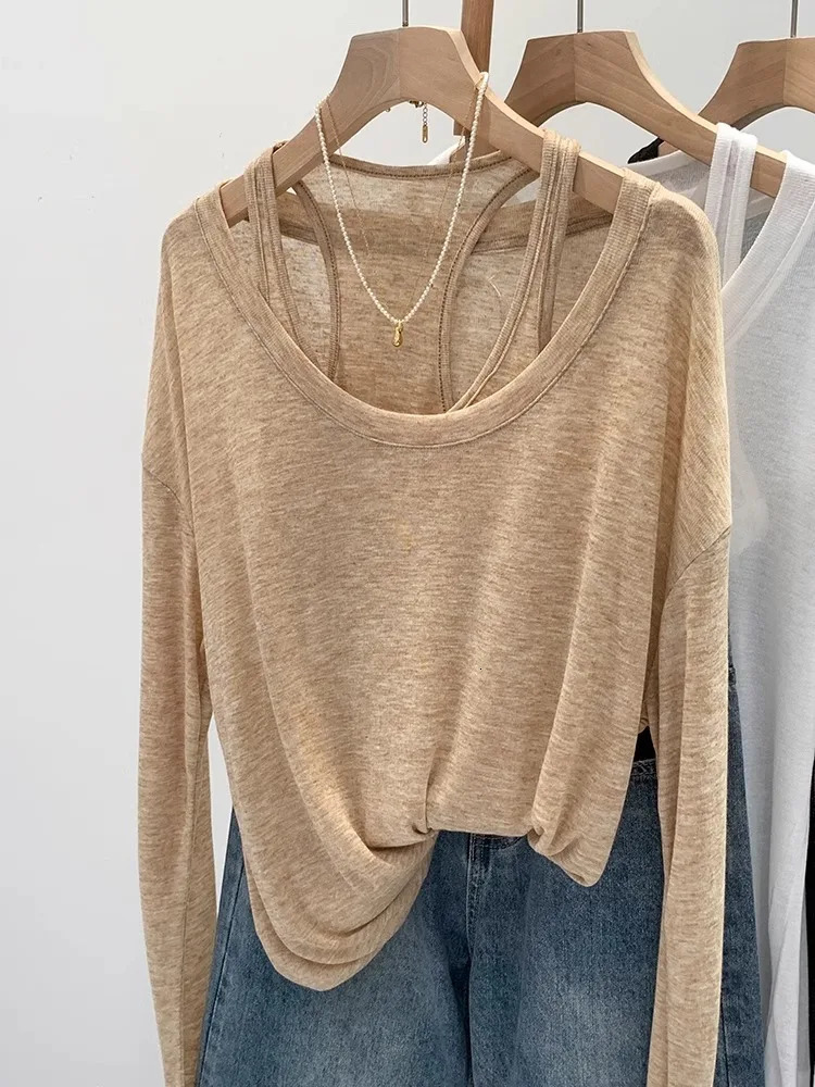 Loose Sunscreen Cover T-Shirt Two Piece Set For Women 2024 Spring And Autumn Type I-Shaped Tank Top Unique Top 241024