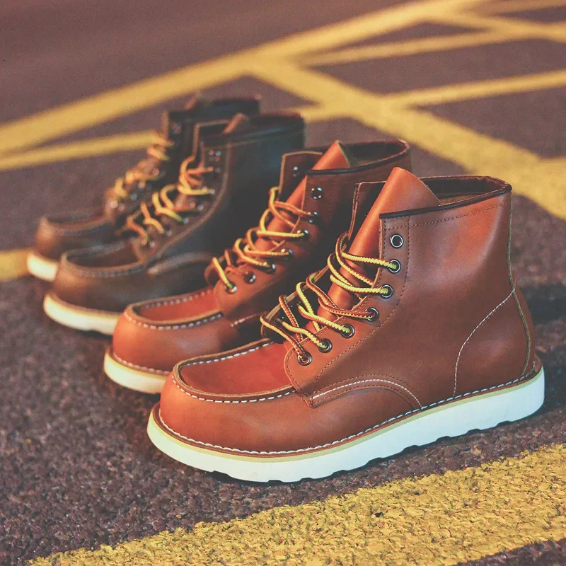 Mens boots American retro tool boots casual crazy horse leather mens boots retro lace ankle boots cowboy boots biomimetic boots 241024