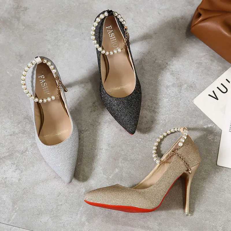 High Quality Pearl pendant bead buckle womens pump gold 7cm/10cm high heel anklet shoulder strap womens party dress shoes Plus size 45 T241024