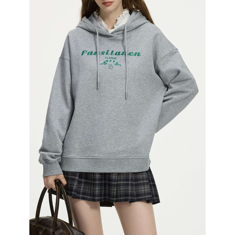 FSLE Women Winter Female Thicken Long Pullover Tops Letter Embroidery Drop Sleeve Casual Beige Hoodies 24Fs14538