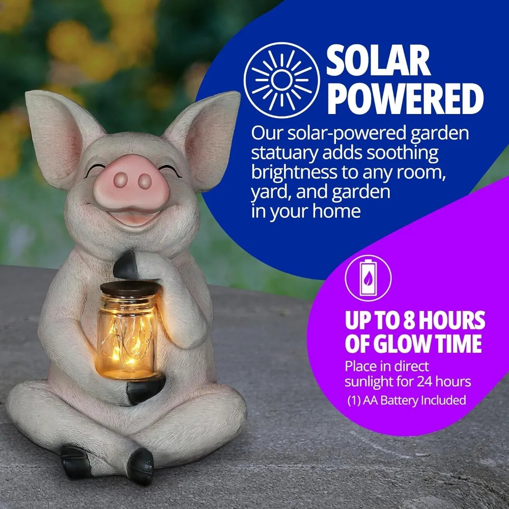 Garden Sculpture Pig Solar Statue with Glass Jar 8 LED Firefly Lights Outdoor Decoration 241024