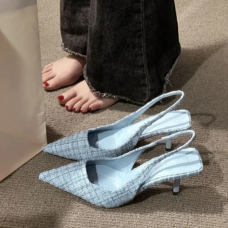 2024 Spring/Summer Fine Rail Pointed Toe High Heel Sandals for Women Elegant French Single Shoes Headless Sandals 241024