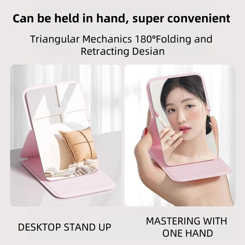 Desktop Makeup Mirror Solid Color PU Leather Simple Portable Handheld Foldable Student Compact Cute Pocket 241024