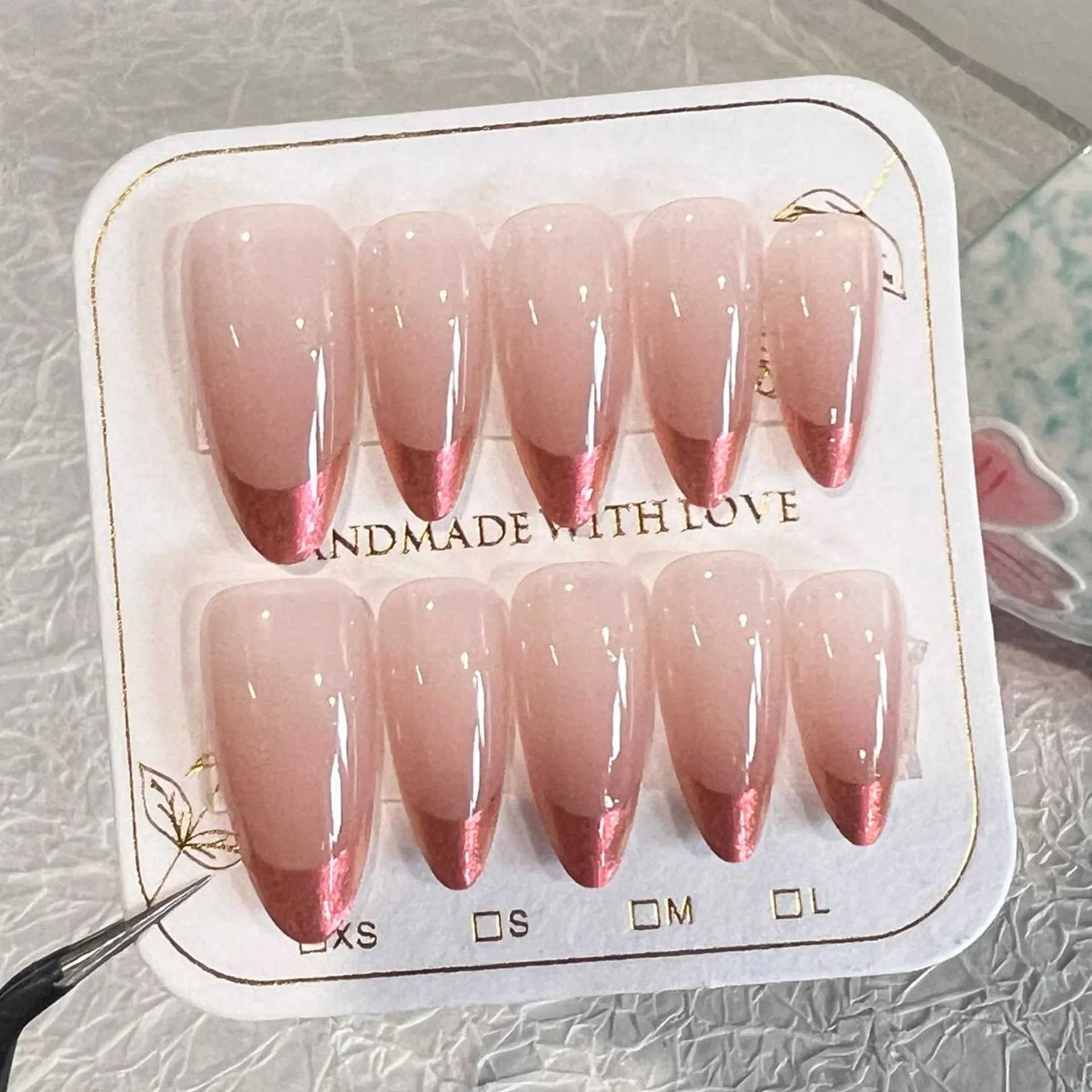 10Pcs Almond Handmade Press on Nails Pink Fake Nails with Butterfly Decoration Blue Wearable Stick-on Nails False Nail Uas XJ241025