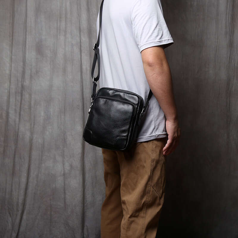 Genuine Men's Shoulder Natural Cowhide Vertical Crossbody Bag Casual Satchel Soft Leather For 8-Inch Ipad