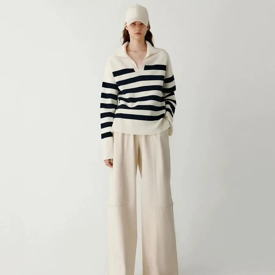 Womens Pullover AutumnWinter 100 Wool Sweater JapanKorea Loose Casual Knit Navy Collar Tops Striped Blouse 241021