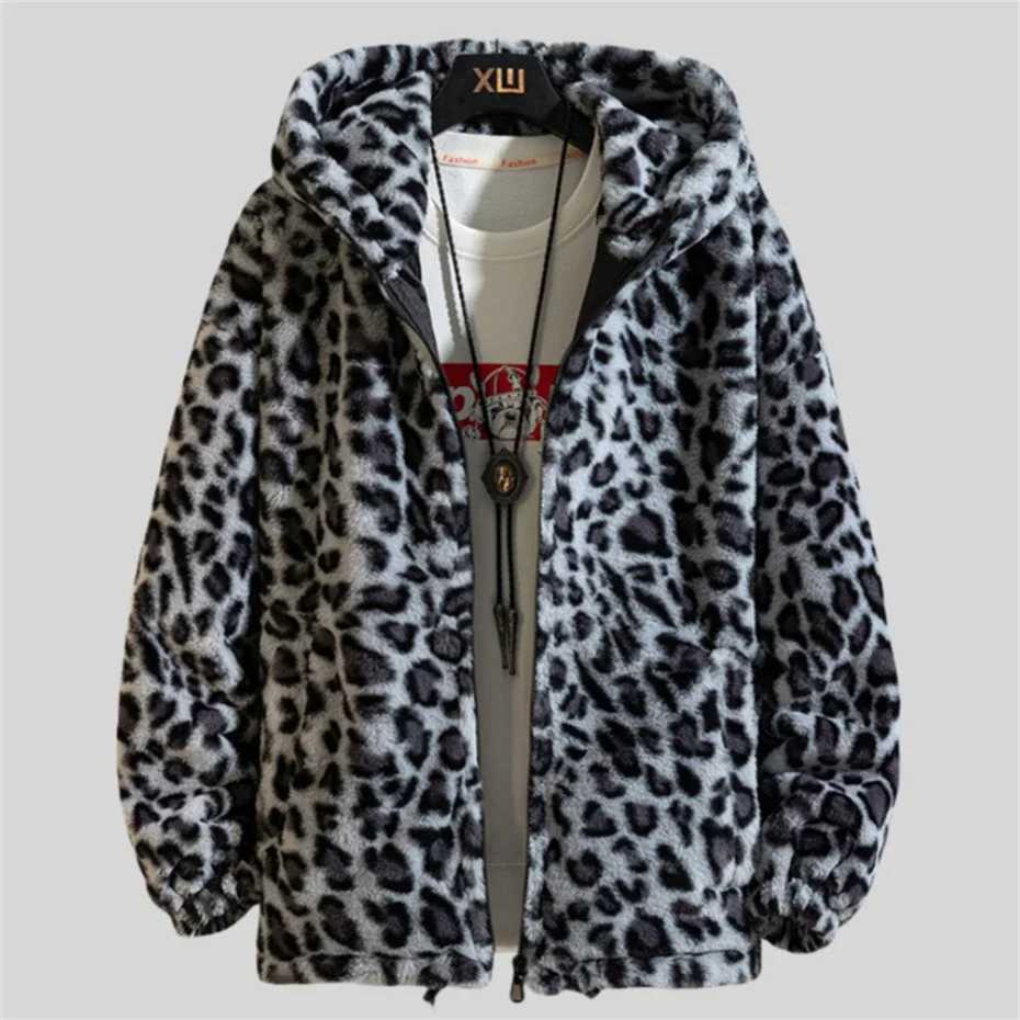 Mens winter Flce jacket leopard print wool jacket mens thick warm mens clothing oversized casual mens jacket W241024