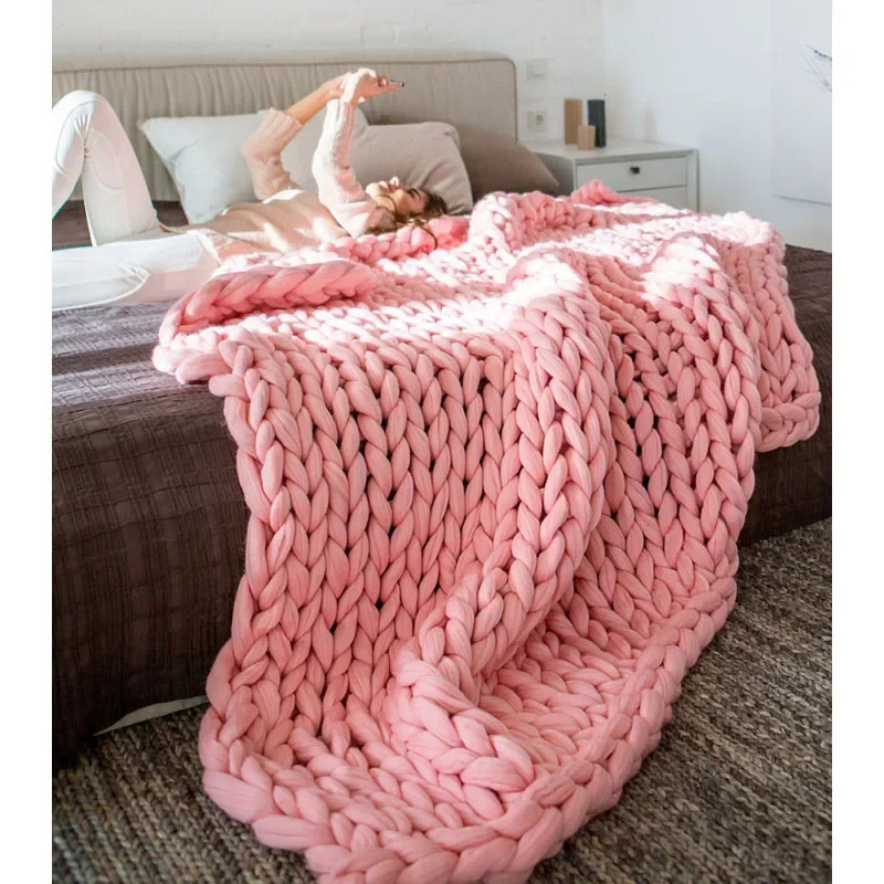 2024 Chunky Merino Wool Blankets Stitch Thick Large Yarn Roving Knitted Blanket Winter Warm Throw Plaid Sofa Bed Decorative 241024