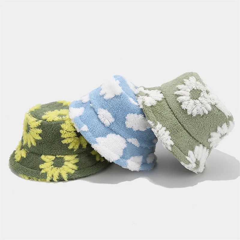 2024 Autumn Winter Acrylic Floral Print Warm Fisherman Hat Bucket Hat Outdoor Travel Sun Cap For Girl And Women 68X241025