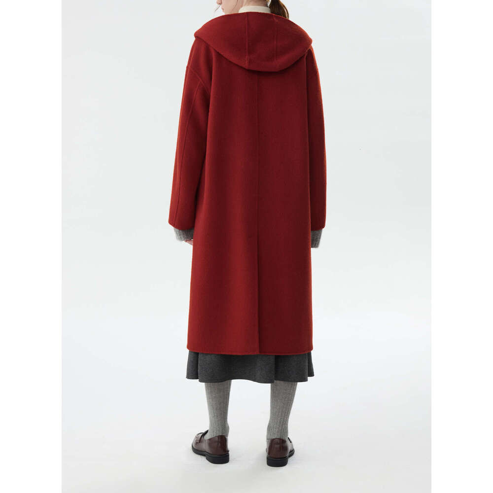FSLE 100% Women Retro Red Horn Button Long Woolen Jackets Hooded Casual Commuter Pink Drop Sleeve Wool Coats 24Fs14227
