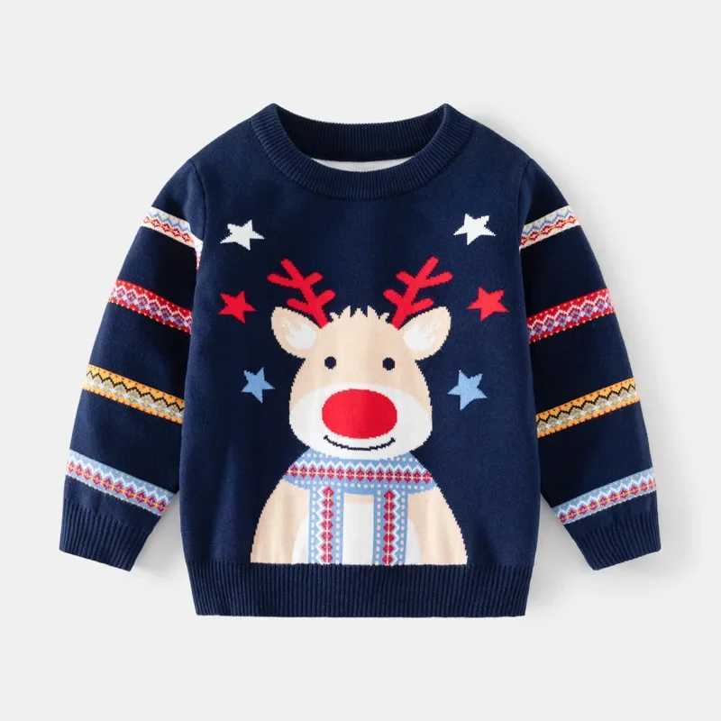 European American style childrens clothing boys Christmas deer print sweater spring new striped sleeve knitted sweater W241025