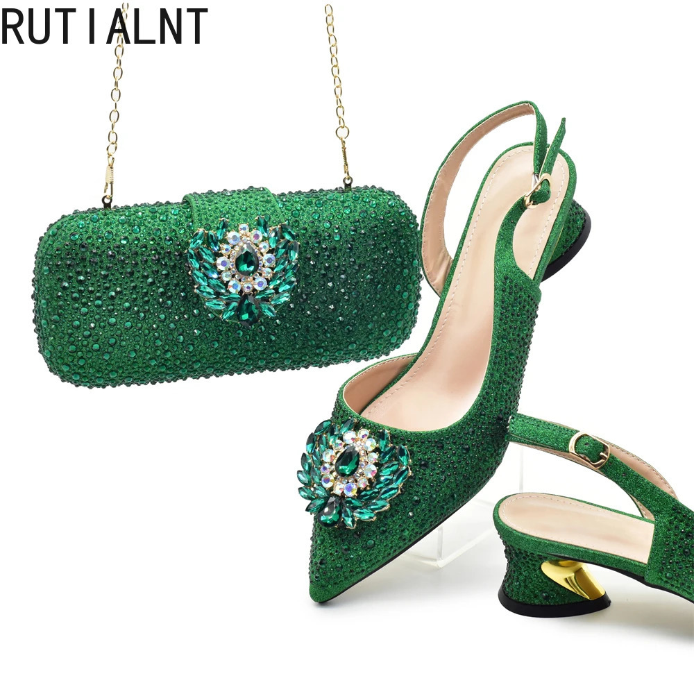 African wedding shoe bag set Nigerian party shoe bag set decorated with Rhinestone elegant high heels pump 241024