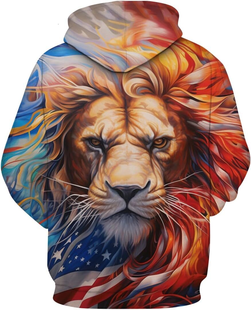 Hoodie for Mens Womens Mens 3D Lion Print Hoodie - Patriotic Theme, Animal Graphic Sweatshirt Graphic Hoodies sweatshirt Fashionable and Warm