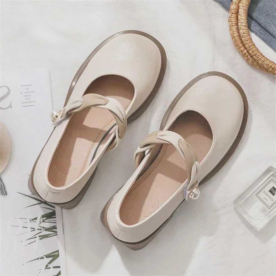 High Quality Beige soft leather shoes womens shoes Mary Jens platform Lolita shoes Japanese style retro girls high heels pump womens shoes light T2410