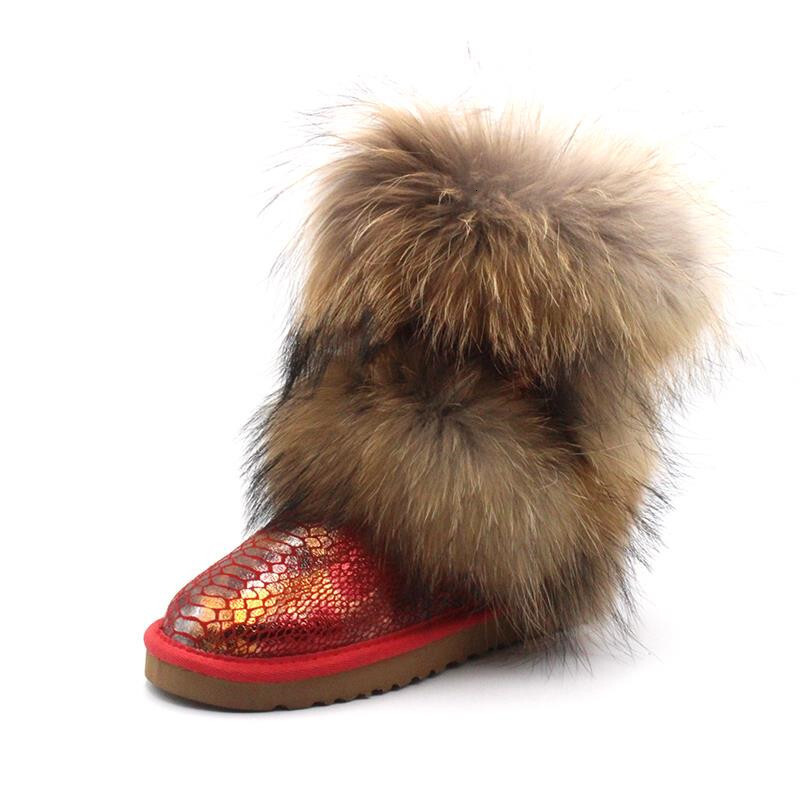 Winter Women Genuine Leather Snow Fox Fur Mid-Calf Warm Boots Female Shoes Size 34-40