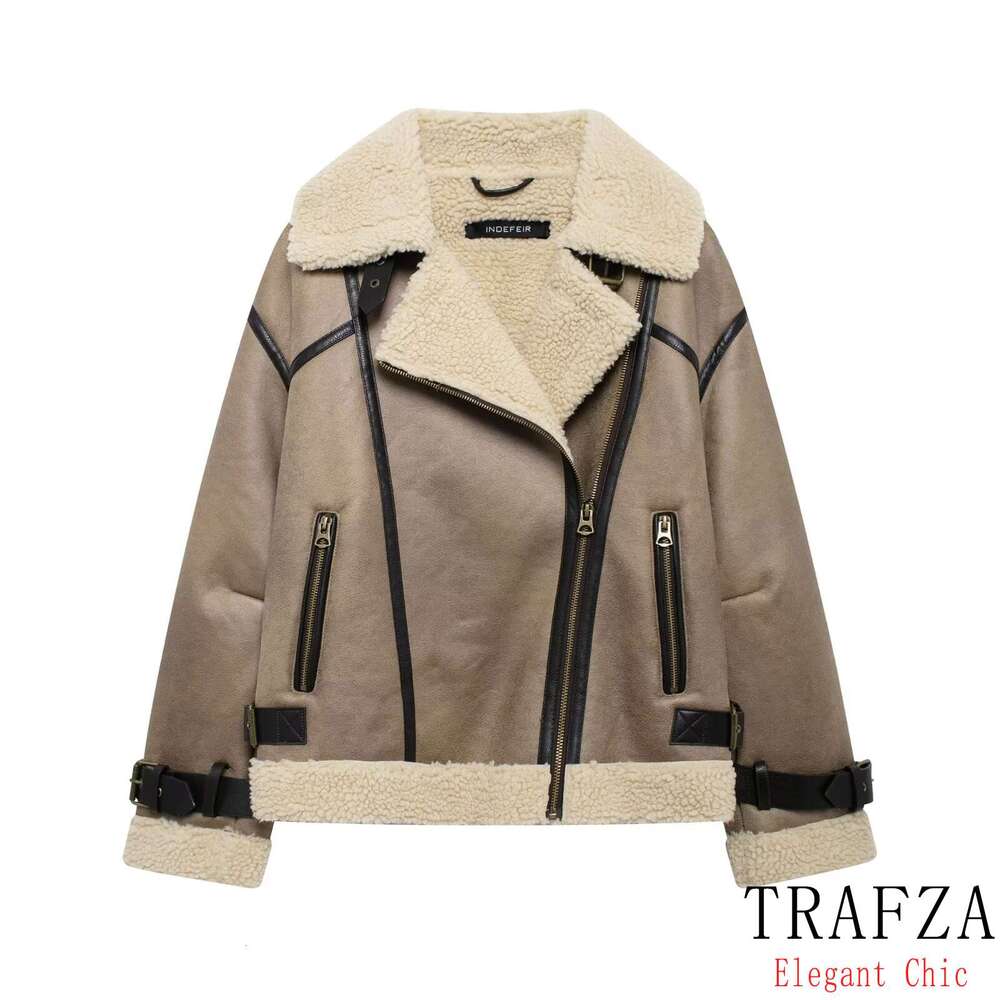 TRAFZA Women Fashion Ing New 2024 Retro Loose Fleece Zipper Lapel Jacket Autumn Winter Stylish Coat