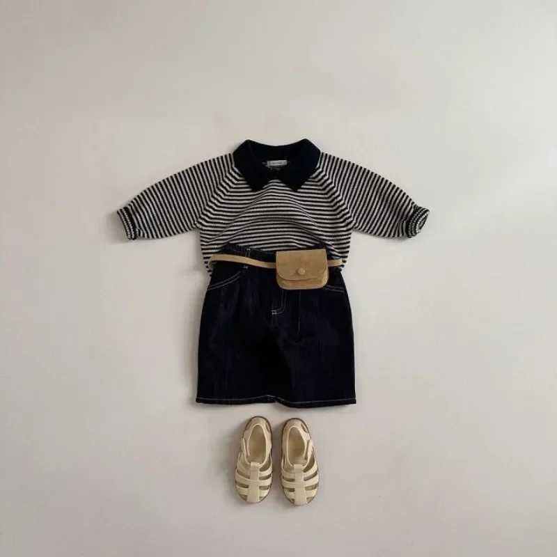 Childrens striped sweater autumn lapel pullover sweater boys and girls cotton loose top baby soft knit dress W241025