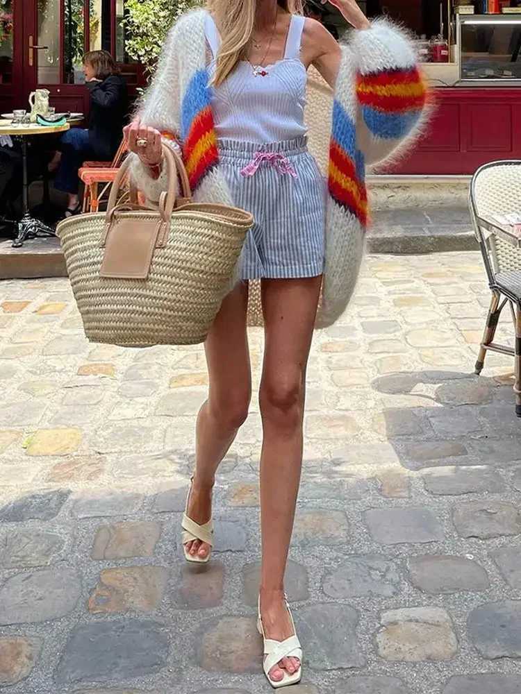 Fashionable Mohair striped long sleeved womens sweater elegant knitted loose cardigan wool sweater autumn new womens casual high street knitting W2410