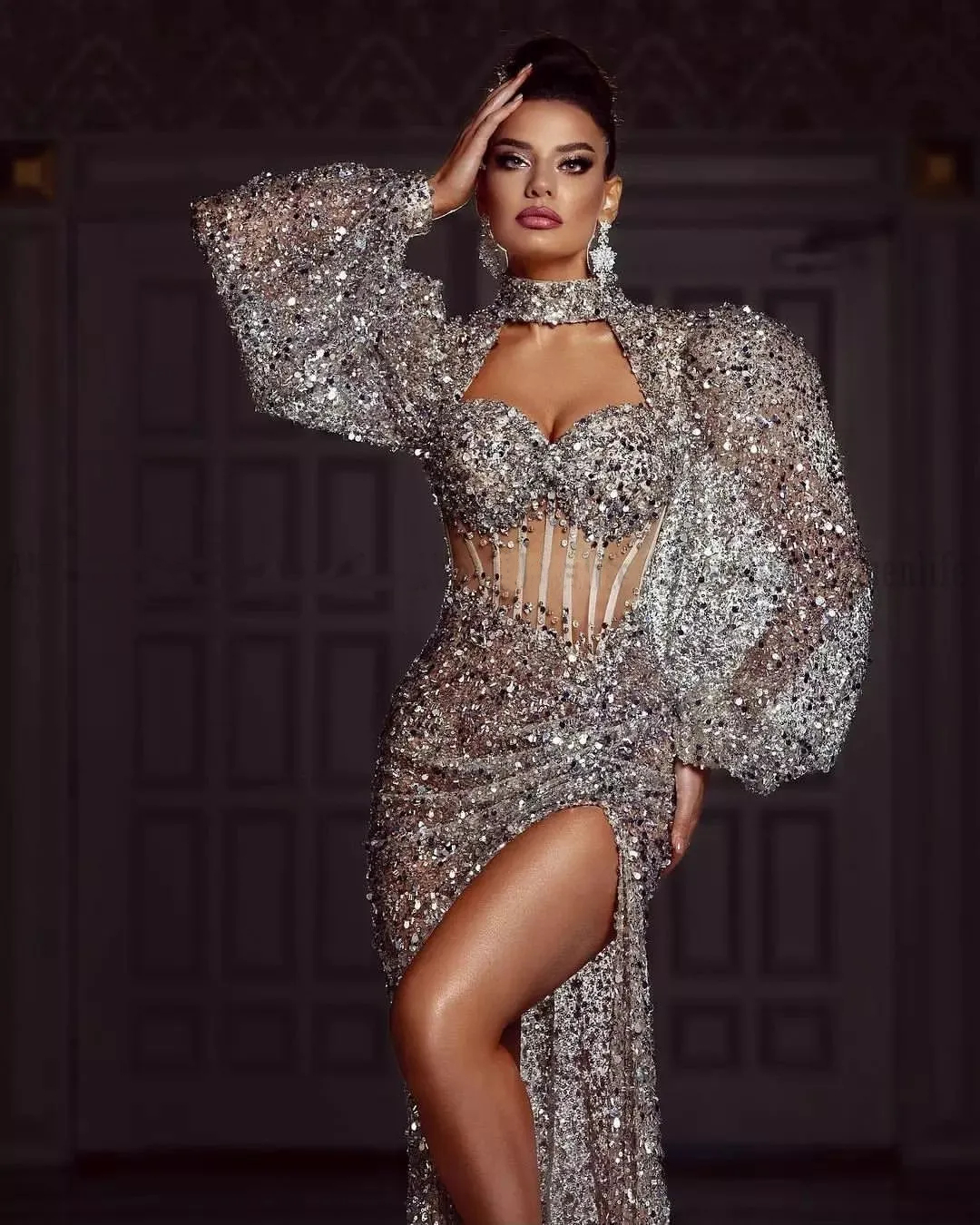 Glitter Sequined Prom Dresses Side Slit Sexy Long Evening Dress High Neck Lantern Sleeves Silver Gray Modern Special Occasion Gown For Women