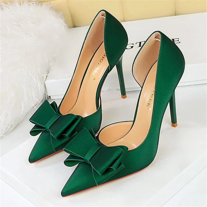 Womens 10.5cm high boots silk bow purple green pump womens wedding bride Escarpin blue peach party sweet shoes 241024