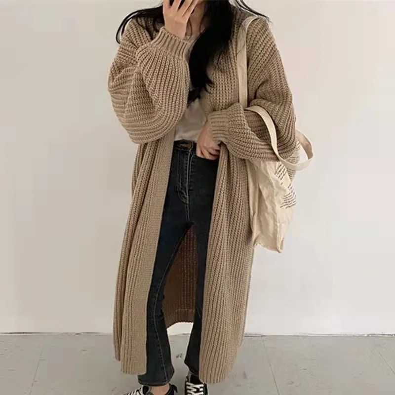 Autumn and winter fashion womens retro full sleeved loose warm knitted long sweater cardigan womens casual sweater jacket W241024