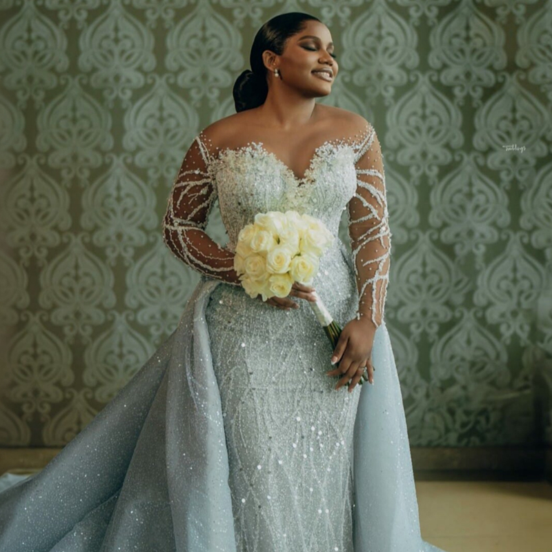 2024 Plus Size Aso Ebi Wedding Dress Bridal Gowns For Bride African Illusion Mermaid Long Sleeves Beaded Lace Luxurious Detachable Train Wedding Gowns