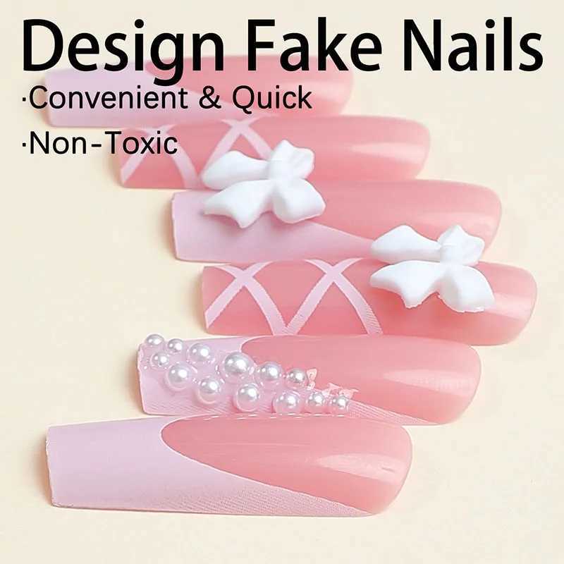 10pcs French Handmade False Nails Bow Pearl Bandage Entanglement Press on Nail For Women and Girls Removable Nail stickersXJ241025