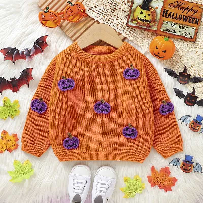 Baby girl boy knitted sweater long sleeved crew collar pumpkin warm Halloween costume winter childrens top W241025