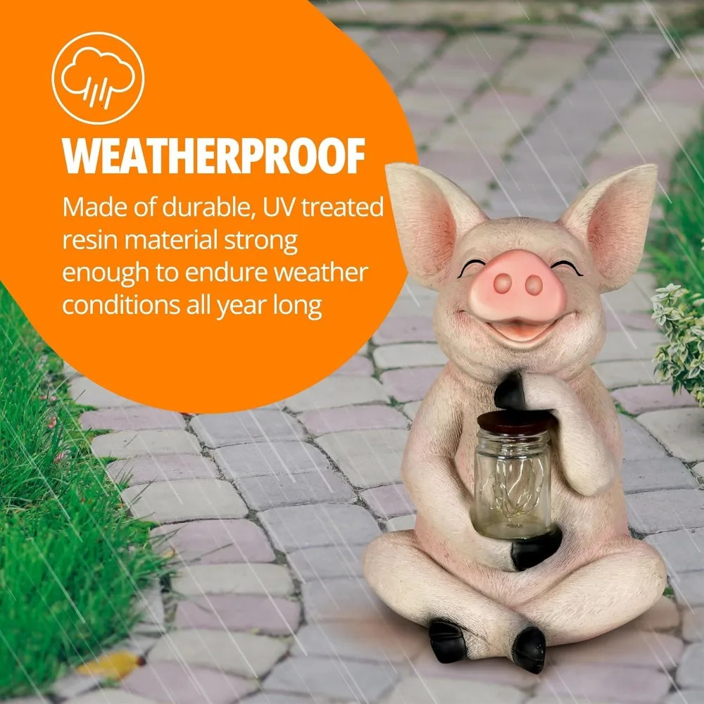 Garden Sculpture Pig Solar Statue with Glass Jar 8 LED Firefly Lights Outdoor Decoration 241024