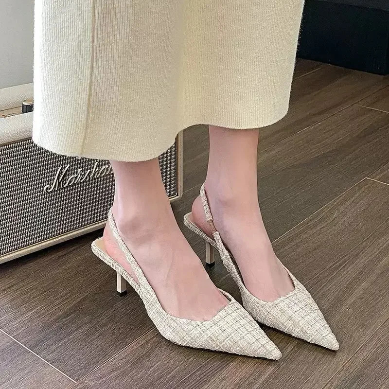 2024 Spring/Summer Fine Rail Pointed Toe High Heel Sandals for Women Elegant French Single Shoes Headless Sandals 241024