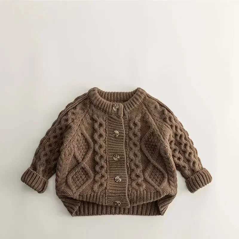Childrens clothing sweater knitted cardigan suitable for girls and boys long sleeved warm thick jacket casual jacket W241025