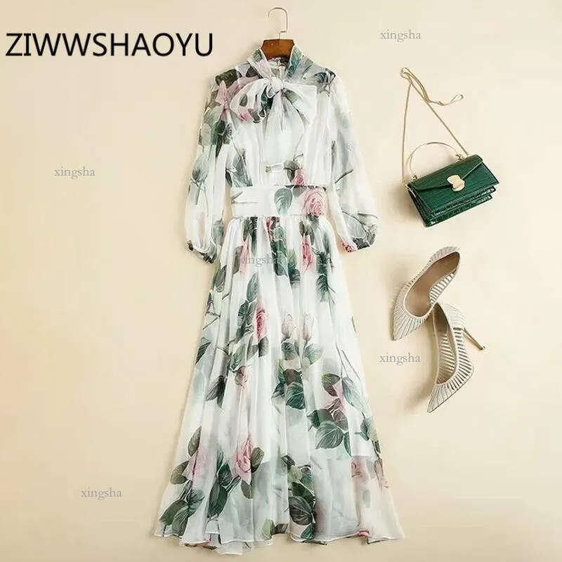 Female Summer Elegant Fashion Midi Dresses Runway Designer Women Bow Tie Floral Print High Waist Flowy Dress Casual