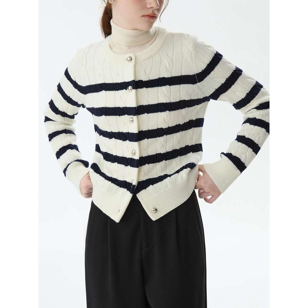 FSLE 13.3% Sheep Wool Black White Striped Twisted Knit Red Cardigan For Women 2024 Autumn Winter Warm Chic Sweater 24Fs14030