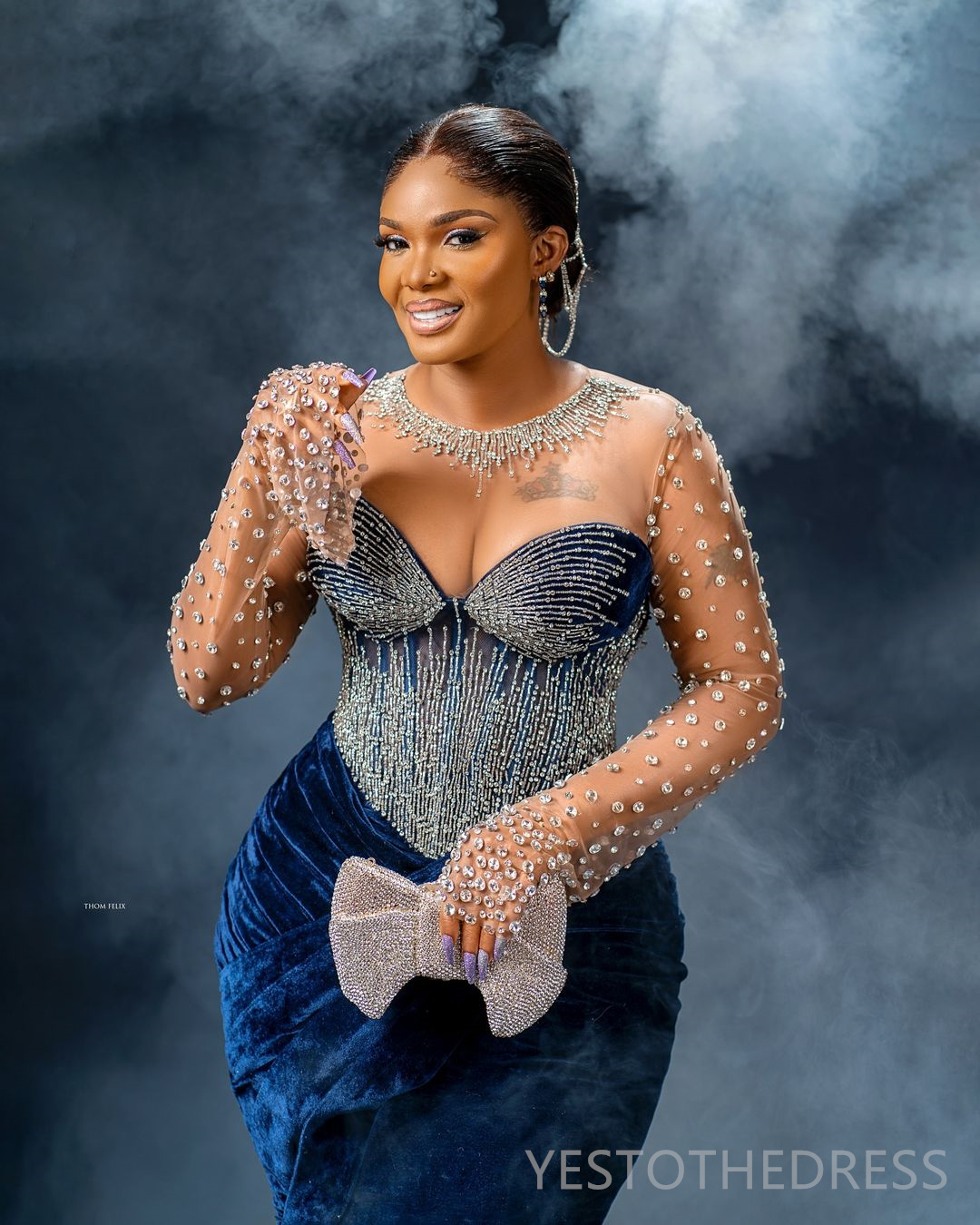 2024 Plus Size Navy Blue Prom Dress Evening Dresses Elegant Sheer Neck Velvet Mermaid Beaded Rhinestones Crystals Decorated 50TH Birthday Dress Engage