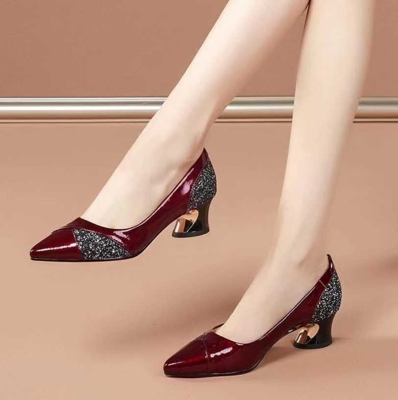 High Quality Fi Womens High Heel Pump 4CM Low Heel Elegant Womens Wedding Shoes Sexy Red Dot Toe Shallow Smooth Party Shoes T241024