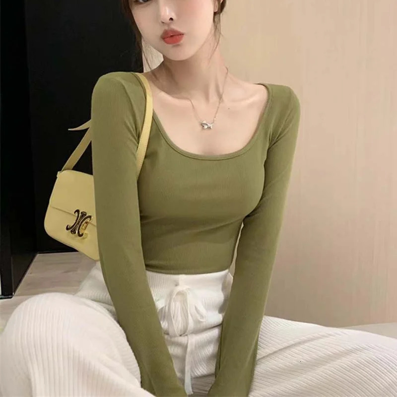U Neck Long Sleeve Shirt Women Warm Fleece Sexy Cropped Tops Autumn Winter Black Casual Skinny Slim Basic T Shirt Woman 241024
