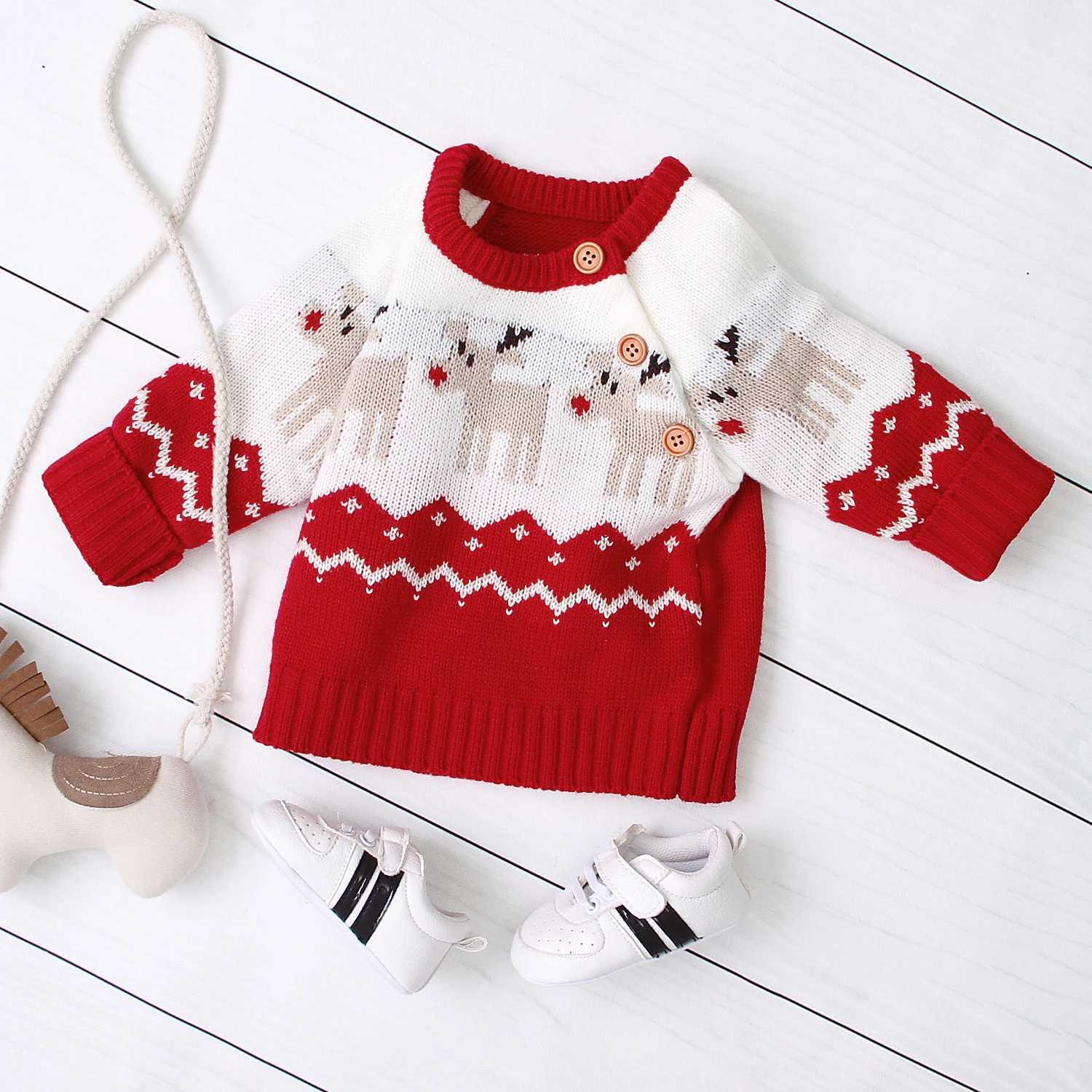 Christmas Girl Boy Knitted Cartoon Sweater Round Neck Long Sleeve Loose Sweater with Elk Pattern Suitable for Spring and Winter W241025