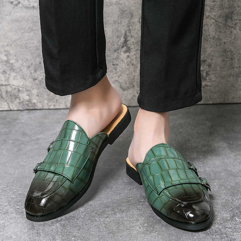 Men Dress Shoes Summer Mens Casual Shoes Half Dragged Korean Edition Buckle Leather Shoes Half Dragged Small Shoes 241009
