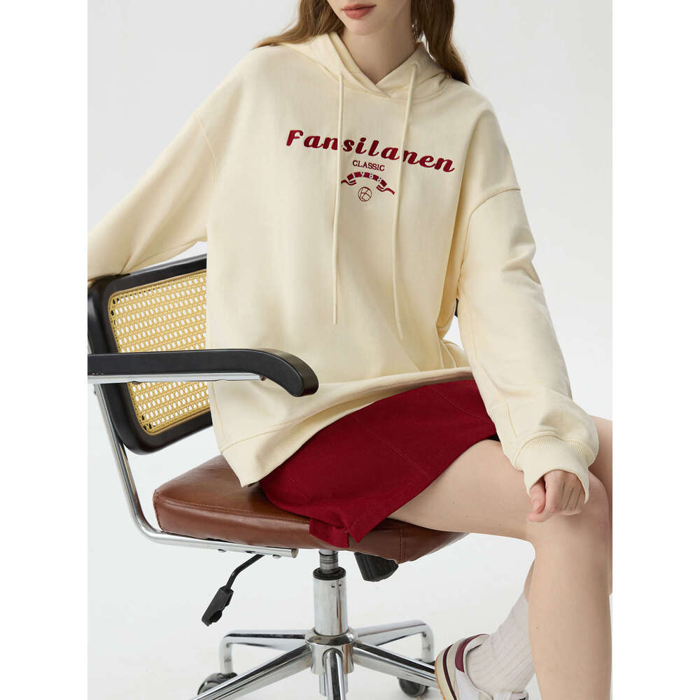 FSLE Women Winter Female Thicken Long Pullover Tops Letter Embroidery Drop Sleeve Casual Beige Hoodies 24Fs14538