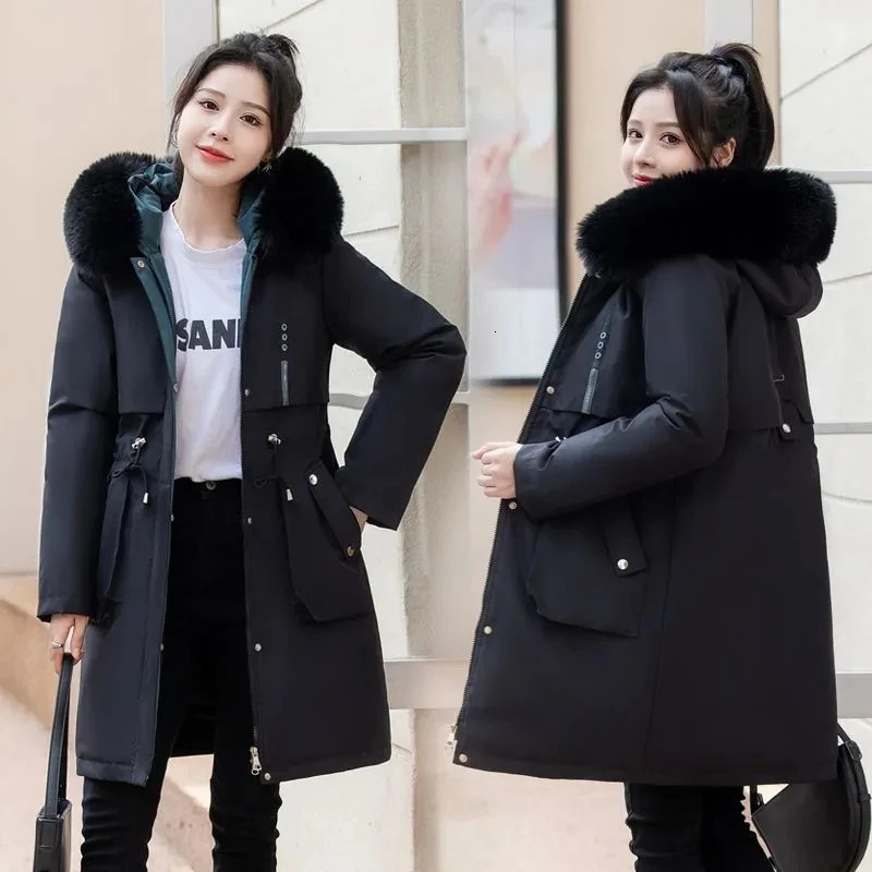Womens Winter Coat Hooded Thick Artificial Fur Filled Parka Detachable Chiffon Puff Coats Female Black Snow Outerwear 241021