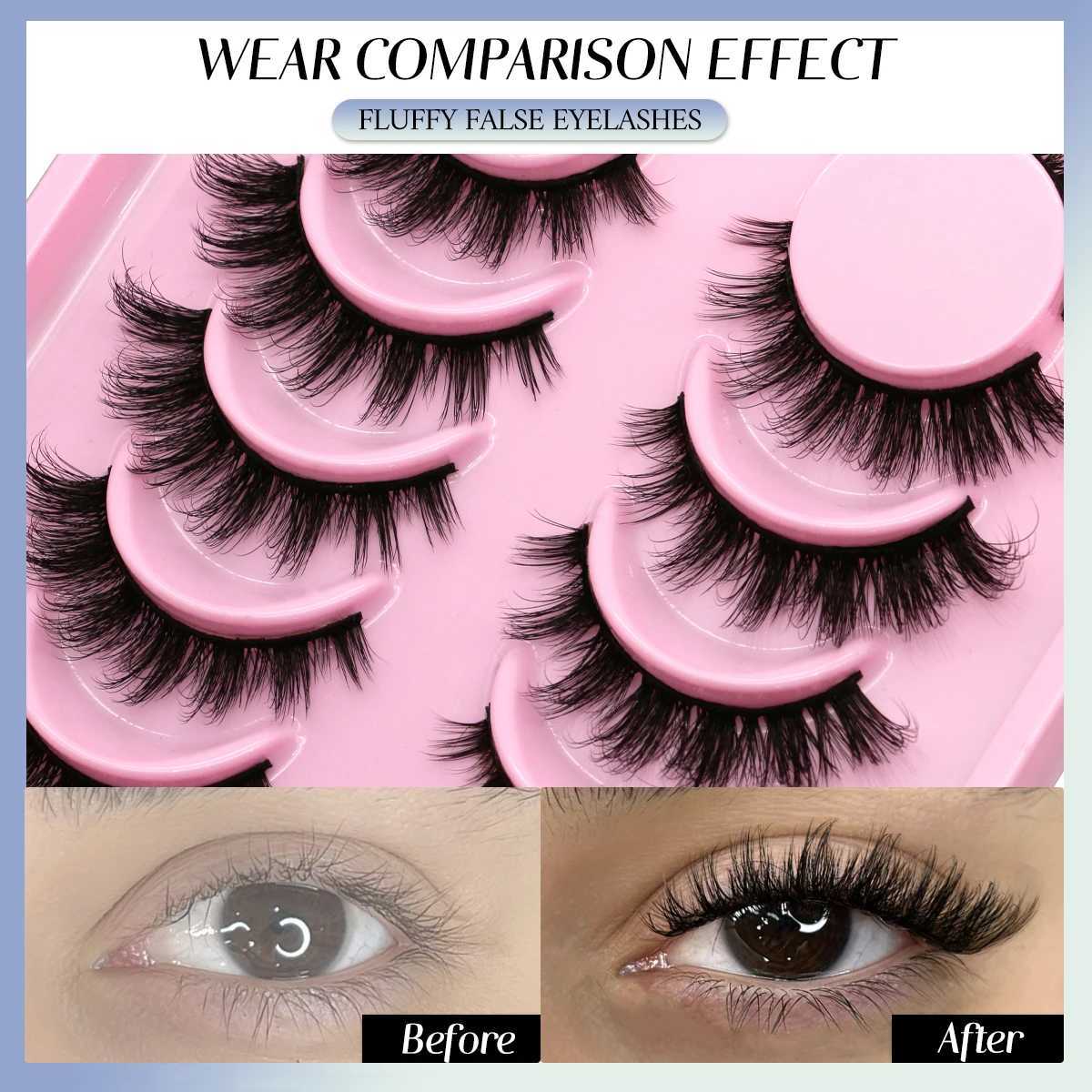Groinneya Fluffy eyelashes 5/6 pairs of comic eyelashes 3D natural false eyelashes soft cross thick fluffy eyelashes extended makeupW241024