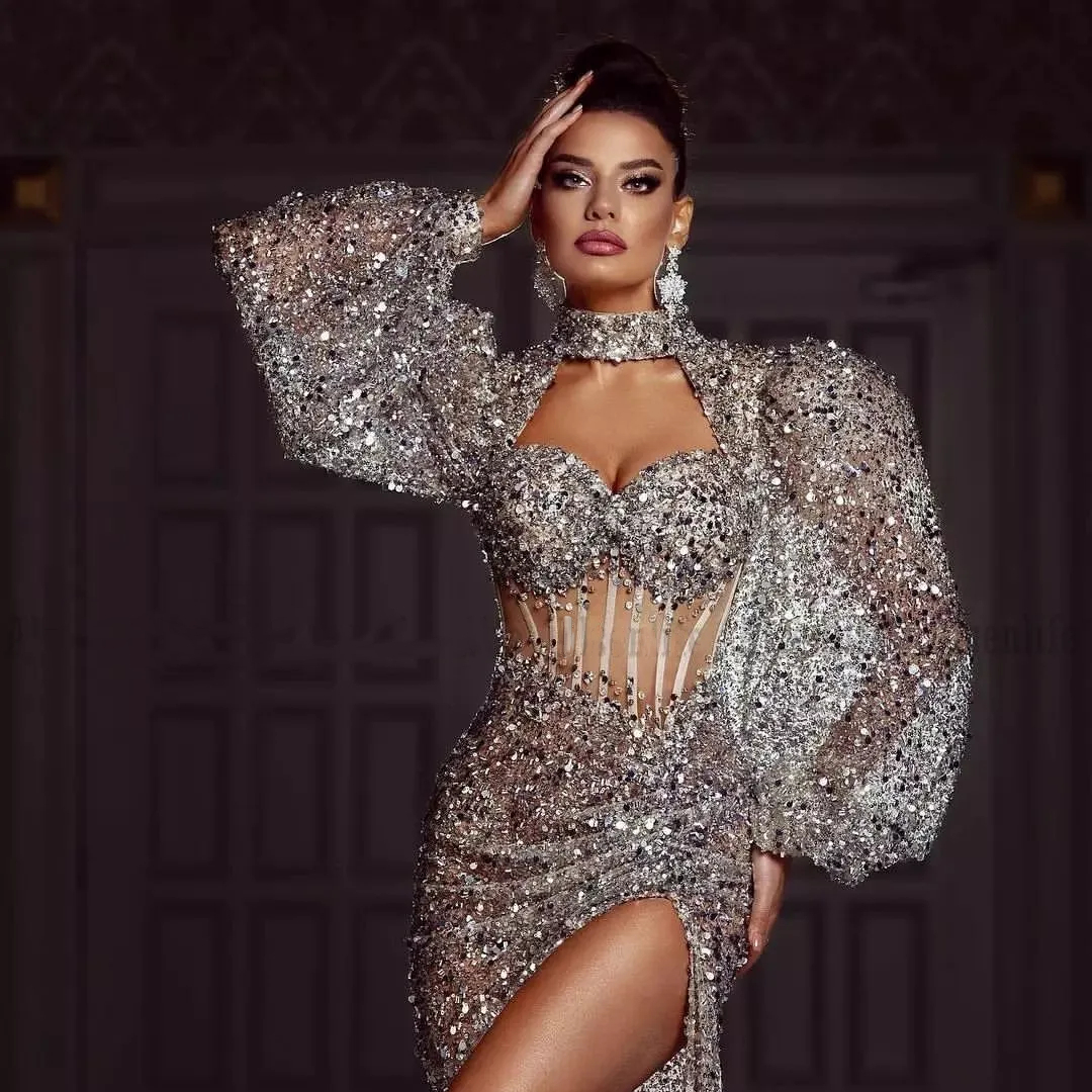 Glitter Sequined Prom Dresses Side Slit Sexy Long Evening Dress High Neck Lantern Sleeves Silver Gray Modern Special Occasion Gown For Women