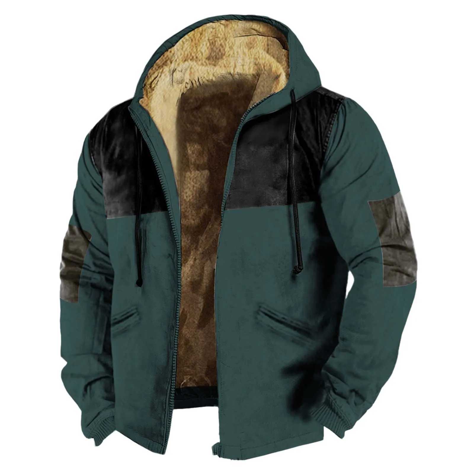 Mens full zipper plush thick warm hooded jacket mens spliced color Ramsworth lined street fashion hooded jacket winter new style W241024