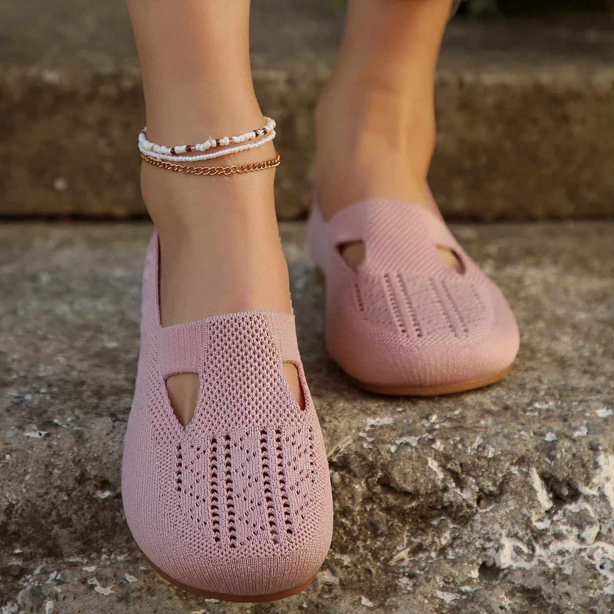 Womens Apartment Womens Autumn Casual Square Toe Hollow Loafers Barefoot Womens Knitted Comfortable Sneakers Lightweight Outdoor Shoes 241024