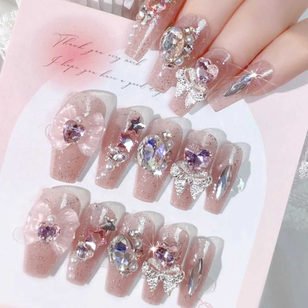 24Pcs Acrylic Handmade Press on Nails Medium Ballerina Fake Nails with Butterfly Rhinestone Wedding False Nails Party for GirlsXJ241025