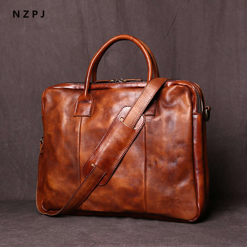 Retro Handmade Men's Handbag Top Layer Cowhide Horizontal Computer Bag Vegetable Tanned Leather Zipper Briefcase NZPJ