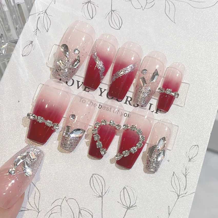 24pcs Fake Nails Press on Reusable with Gradient Designs Set French Artificial Diamond False Reusable with Glue Nails Tips ArtXJ241025