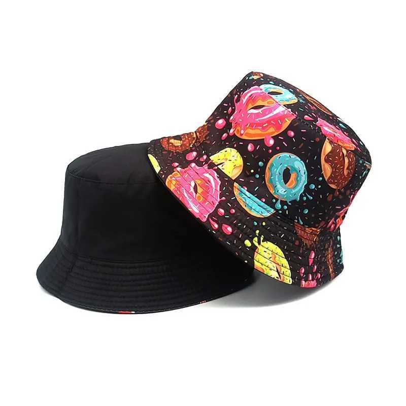 2023 Four Seasons Cotton Cartoon Donuts Print Bucket Hat Fisherman Hat Outdoor Travel Sun Cap for Men and Women 226X241025