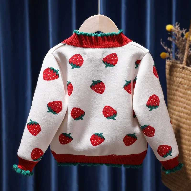 Childrens clothing girl knitted cardigan button V-neck cute strawberry jacquard childrens long sleeved knitted cardigan W241025